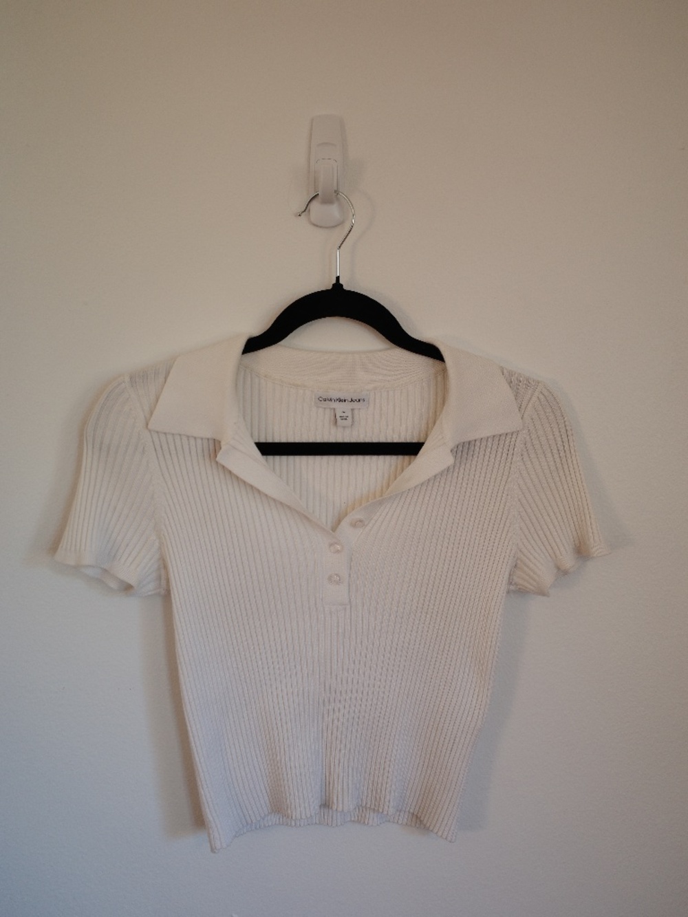 Calvin Klein Jeans Cream White Ribbed Polo Top